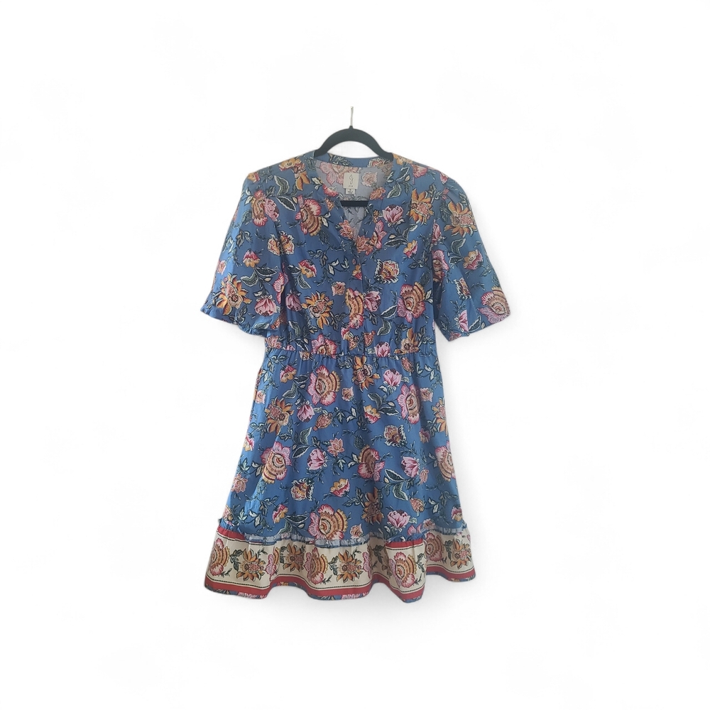 Joie Floral A-Line Blue Pink Orange Summer Boho V-Neck Short Sleeve Dress 8